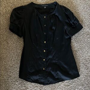 Banana Republic Black Short-Sleeve Silk-Look Blouse with Gold Buttons